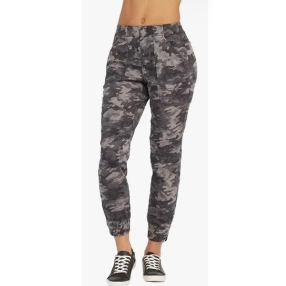 Spanx Stretch Twill Ankle Cargo Joggers Grey Camo XL High Rise Zips Camouflage